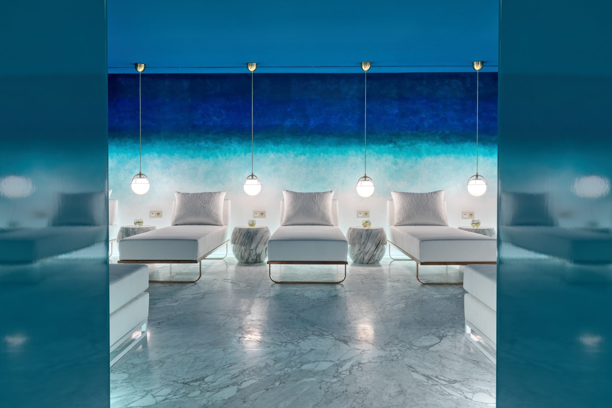 Rest room in spa with aquatic themed design